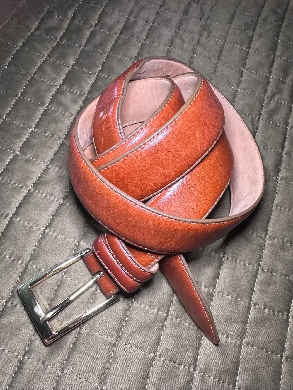 Vintage Leather Cognac XXL Belt Polished Gold Square Buckle Stitched Edges